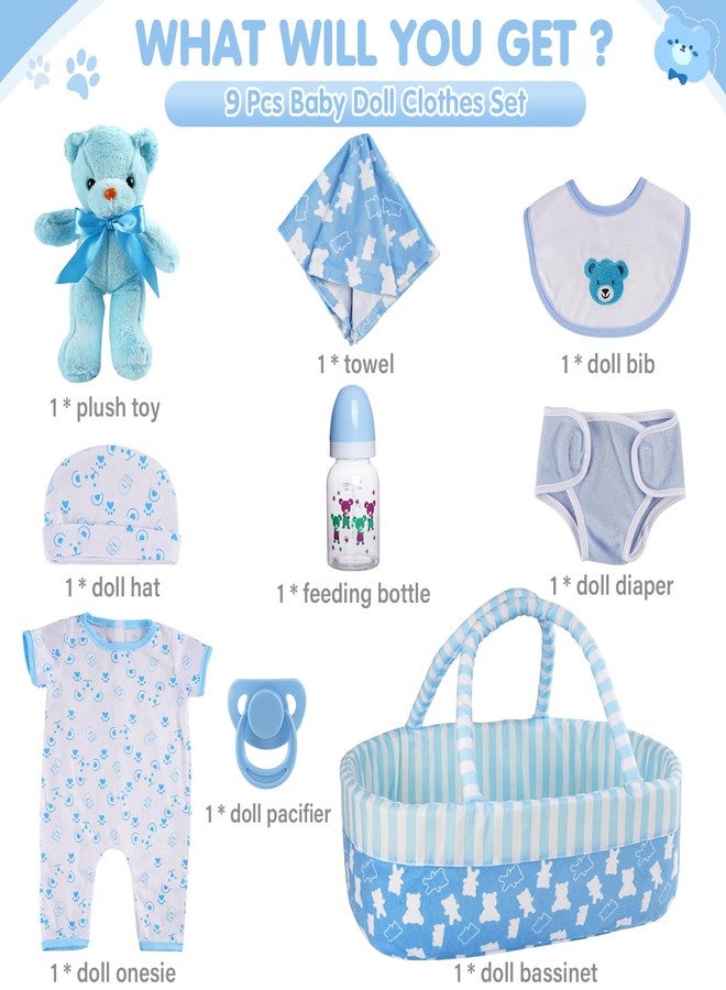 BABESIDE 9 Pcs Reborn Baby Doll Clothes Set for 17-22 Inch Dolls, Reborn Baby Dolls Accessories Doll Bassinet with Bottle Pacifier and Bear Toy for Realistic Newborn Babydolls, Blue - Image 5